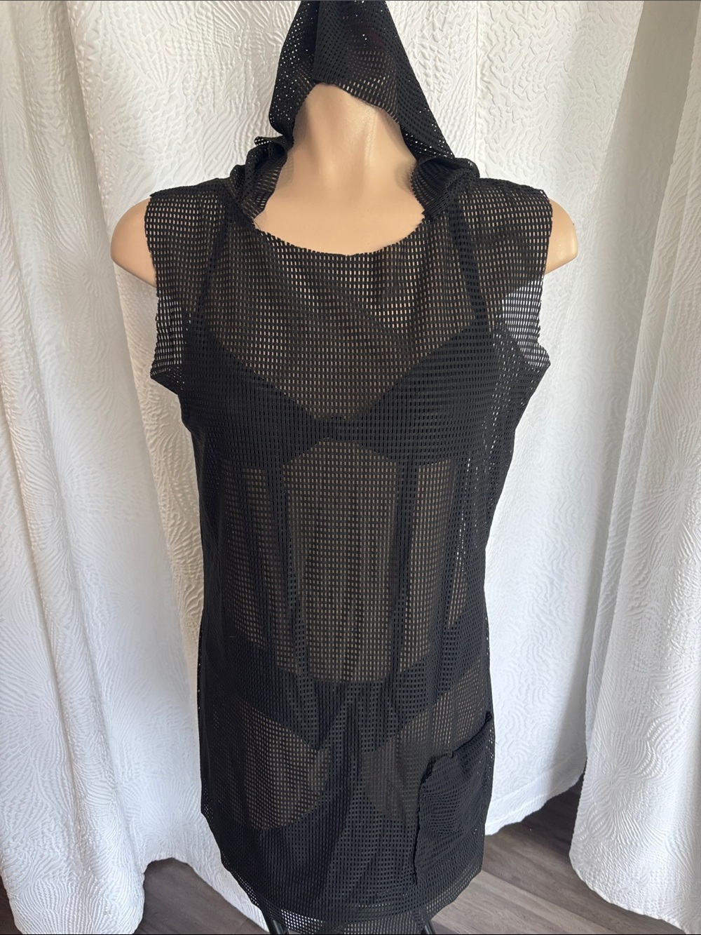 Black Mesh Hooded Beach Cover-Up Dress - Women Accessories
